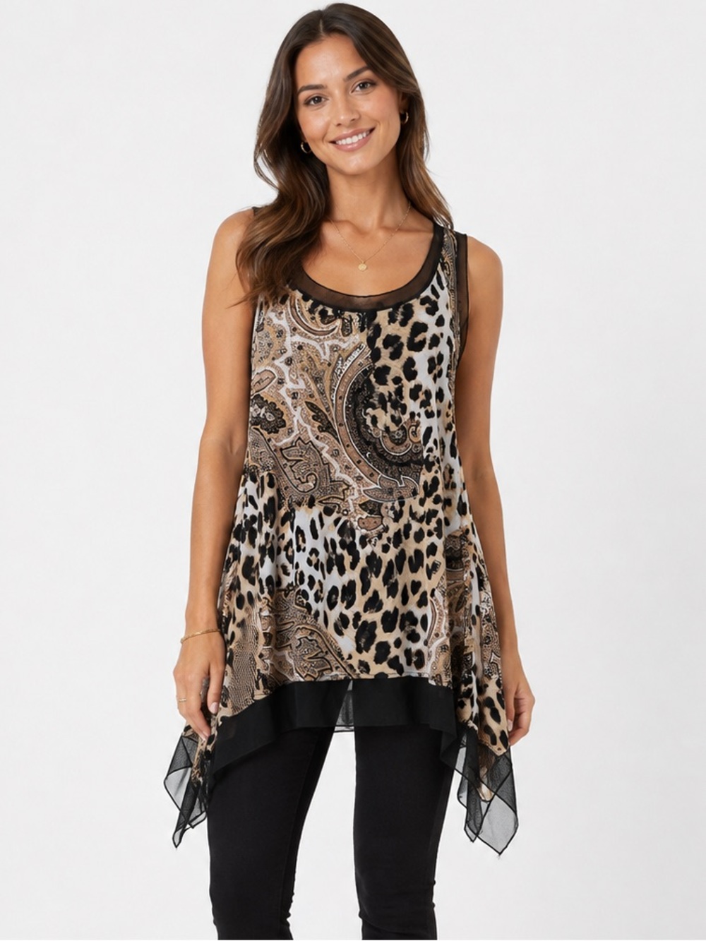 Klaveli Leopard Paisley Tunic Top XS Handkerchief Hem